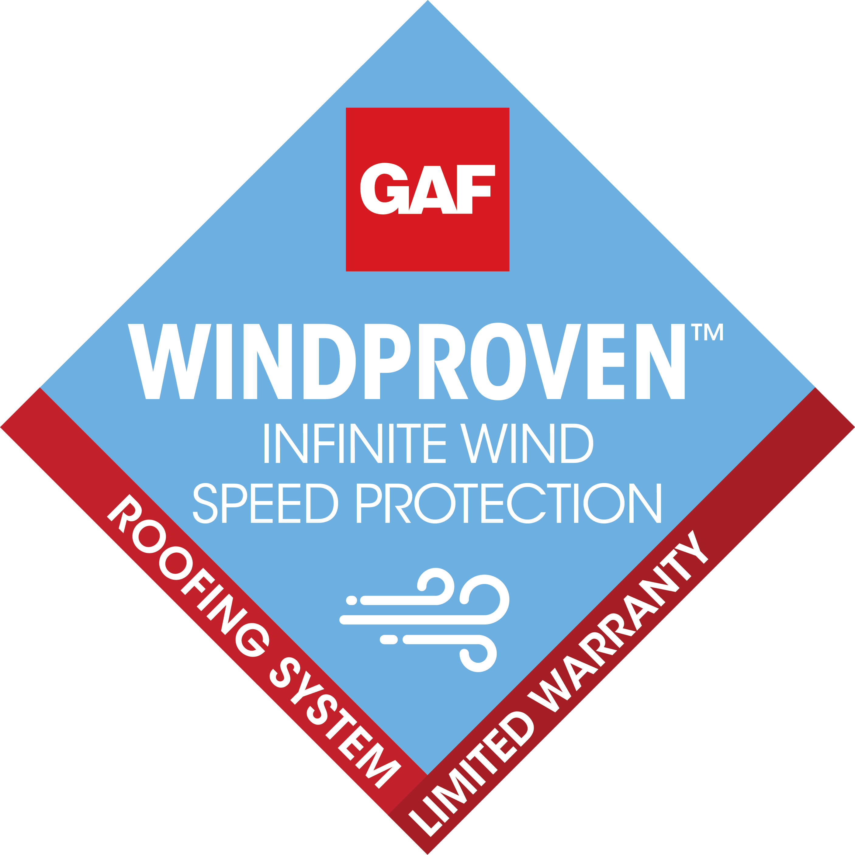 GAF WindProven Roofing System Limited Warranty — Infinite Wind Speed Protection badge