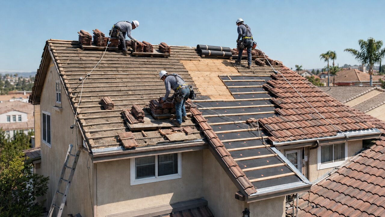 Illustration of a tile lift-and-relay in progress — tiles staged on the roof while new underlayment is installed over the exposed deck